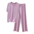 thumbnail image 2 of RYDCOT Summer 2024 Lounge Sets for Women 2 Piece Long Pants Solid Color Short Sleeve Round-Neck and Wide Leg Pants Sets Sleepwear Pajamas Sets Purple, 2 of 5