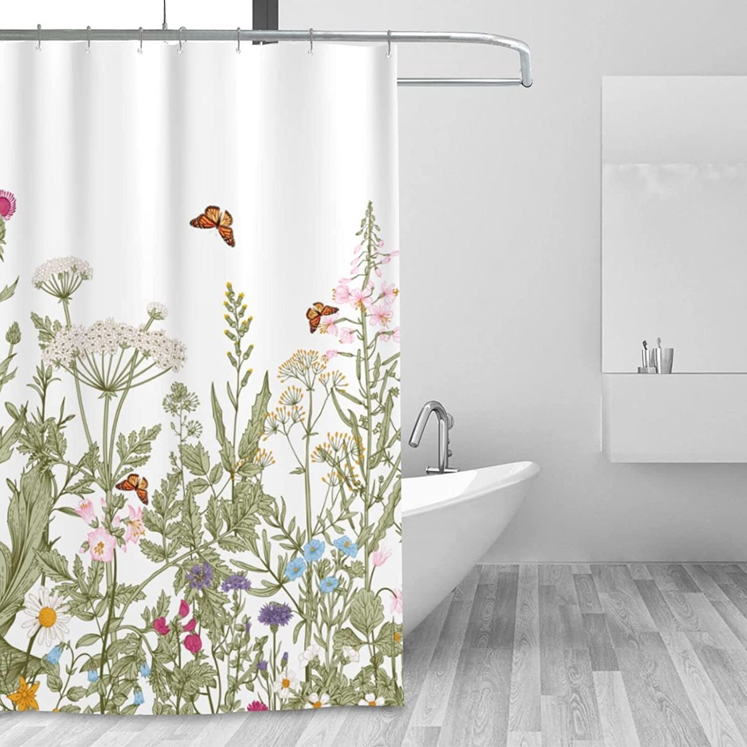 Floral Wildflower Botanical Waterproof Polyester Bathroom Shower Curtain 72x72 inch with 12 Hooks