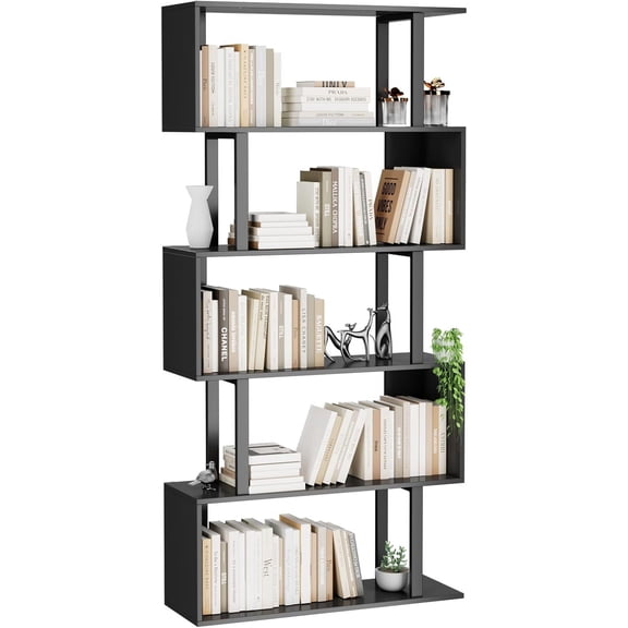 5-Tier Geometric Bookcase,S Shaped Bookshelf, Wood Decorative Storage Shelving, Modern Freestanding Display Shelves, Tall Book Shelf Unit for Living Room Bedroom