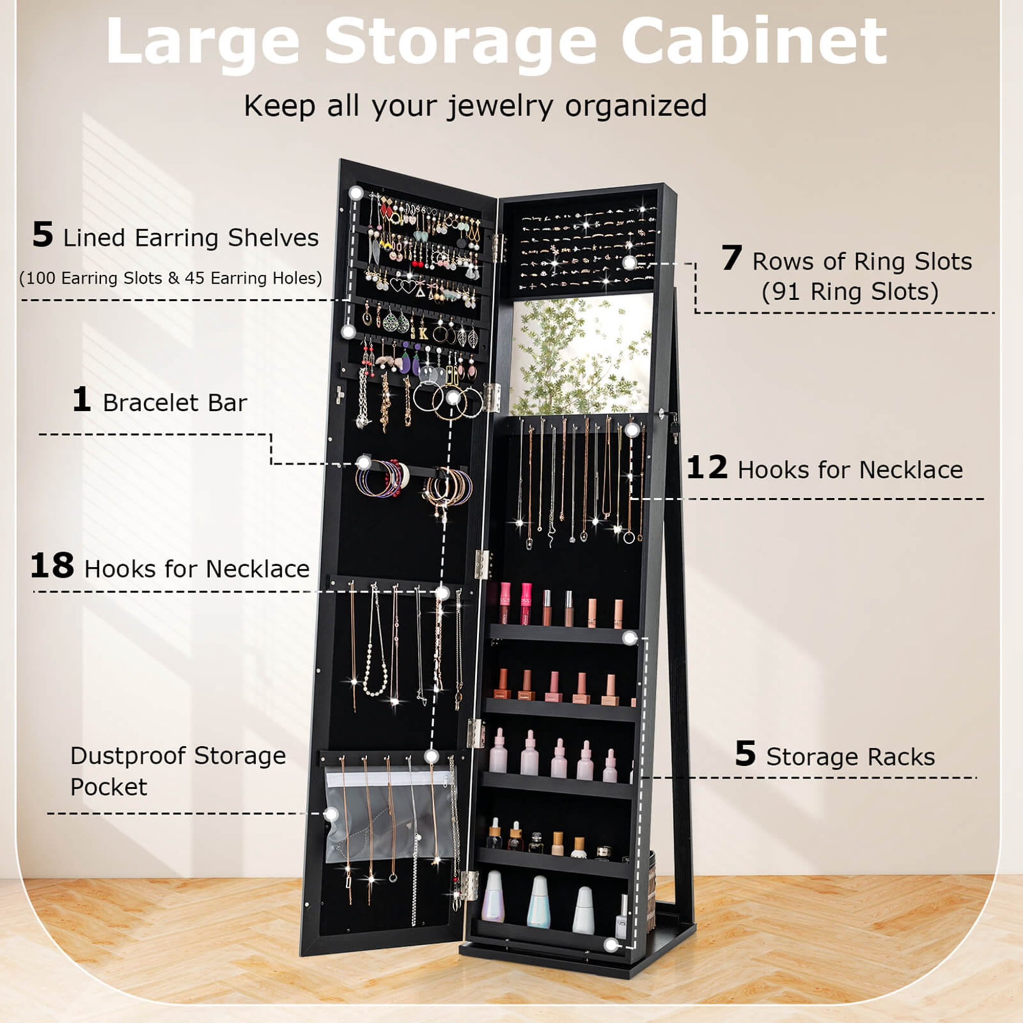 Costway Lockable Free Standing Jewelry Armoire with Mirrored