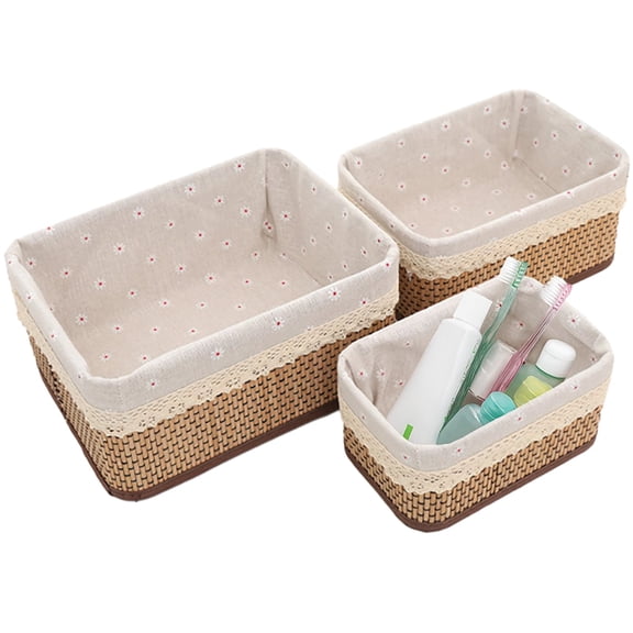 3 PCS Baskets for Organizing, Small Wicker Baskets Set, Foldable Cabinet Storage Bins with Lining and Lace, Ideal for Bathroom Bedroom Living Room Use