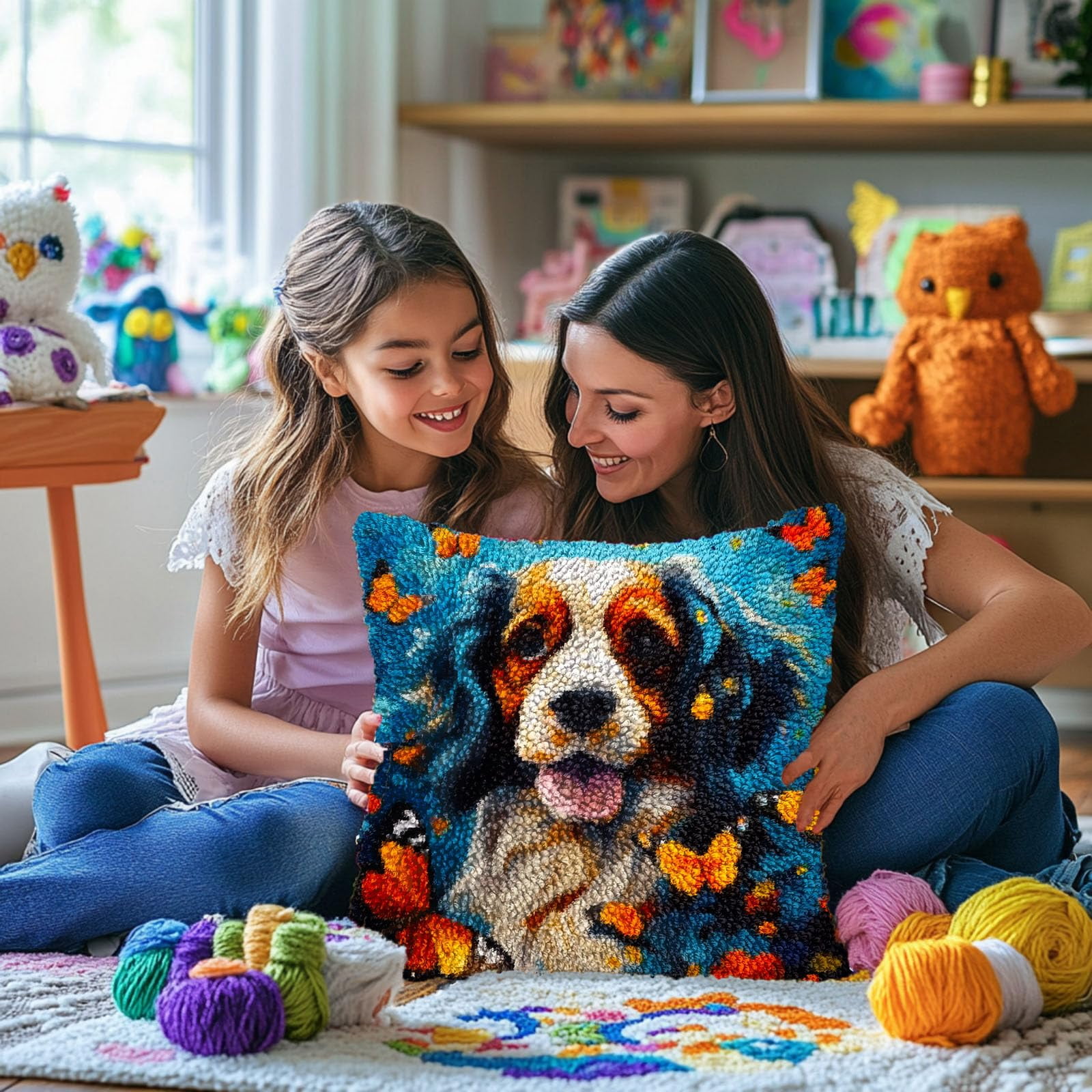 Bernese Mountain Dog and Butterflies DIY Latch Hook Pillow Kits for Adults Printed Pillowcase Crochet Yarns Hooking Handmade Pillow Cover Cushion for Home Sofa Decoration 17x17inch