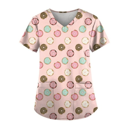

Apepal Women Printing Short Sleeve V-neck Scrub Tops Fruit Print Working Pocket Blouse