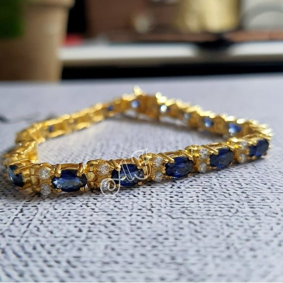 Aishvi Jewels 10Ct Oval Brilliant cut Blue Sapphire & VVS1/D Diamond 14K Yellow Gold Finish Sterling 925 Silver Bracelet Gift For her ,Birthday Gift