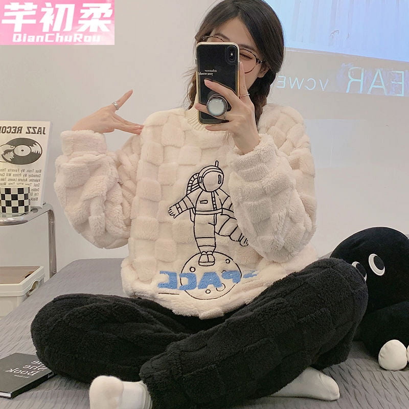 Pyjama Femme Hiver,Ours Rose Pull Col Rond Pyjama Ensemble Femmes Épaissir Chaud Corail Polaire Vêtements De Nuit 2 Pcs À Manches Longues Maison Loungewear Chemise De Nuit Costume, M