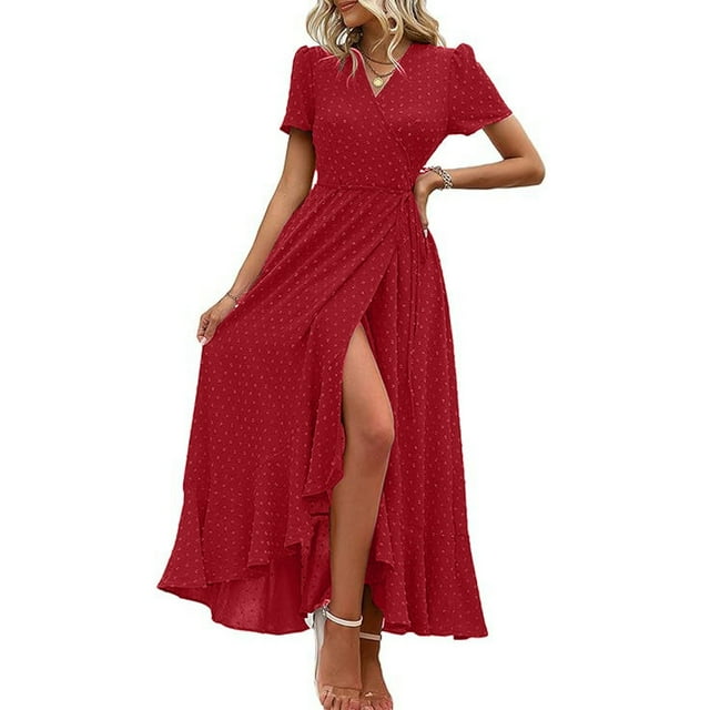 WILLBEST Robes Formelles pour Femmes Robe Maxi d'Été Décontractée Boho Florale Col en V Manches Courtes Ourlet à Volants Fendue Plage Longue
