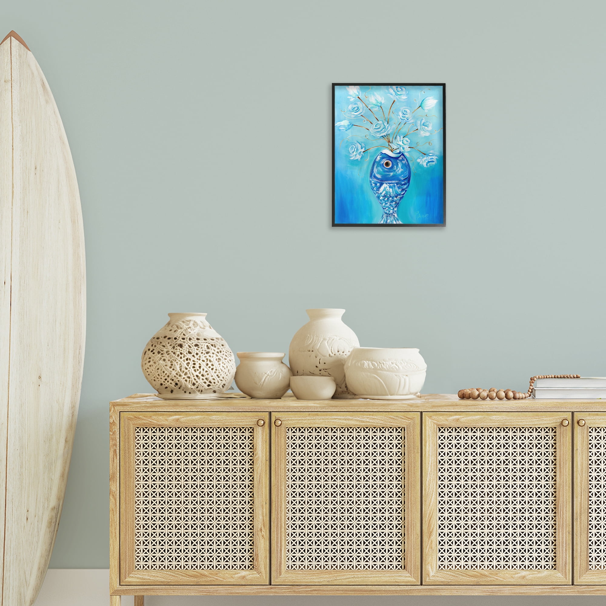 Stupell Industries Fish Vase Bouquet Botanical & Floral Painting Black Framed Art Print Wall Art, 16 x 20