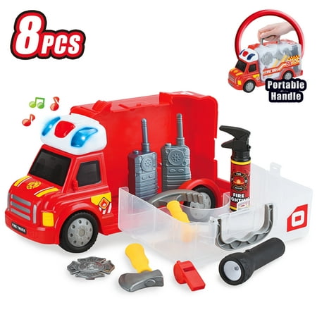 Best Choice Products 8-Piece Kids Portable Push & Play Fix-It Storage Vehicle Fire Truck Pretend Toy Set w/ LED Lights, Sounds, Walkie-Talkies, Axe, Extinguisher, Flashlight, Badge,
