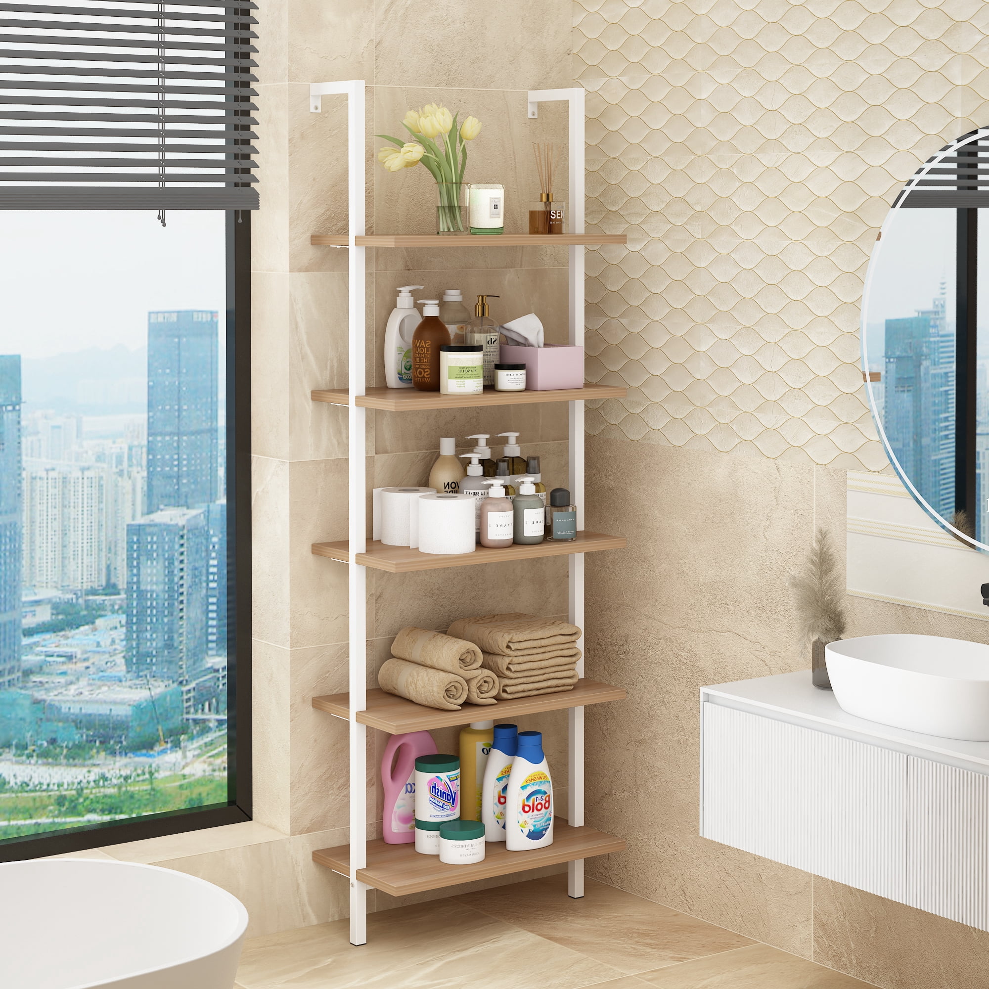 Astoutdoor 5-Layer Wall-Mounted MDF Iron Frame Display Rack, Walnut and White, 24.02 x 12.01 x 72 in