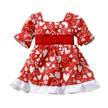 

HTGFGMGW Girls Dresses Toddler Girls Flare Sleeve Valentine s Day Hearts Printed Ruffles Bowknot Princess Dress Clothes Girls Summer Outfits Red