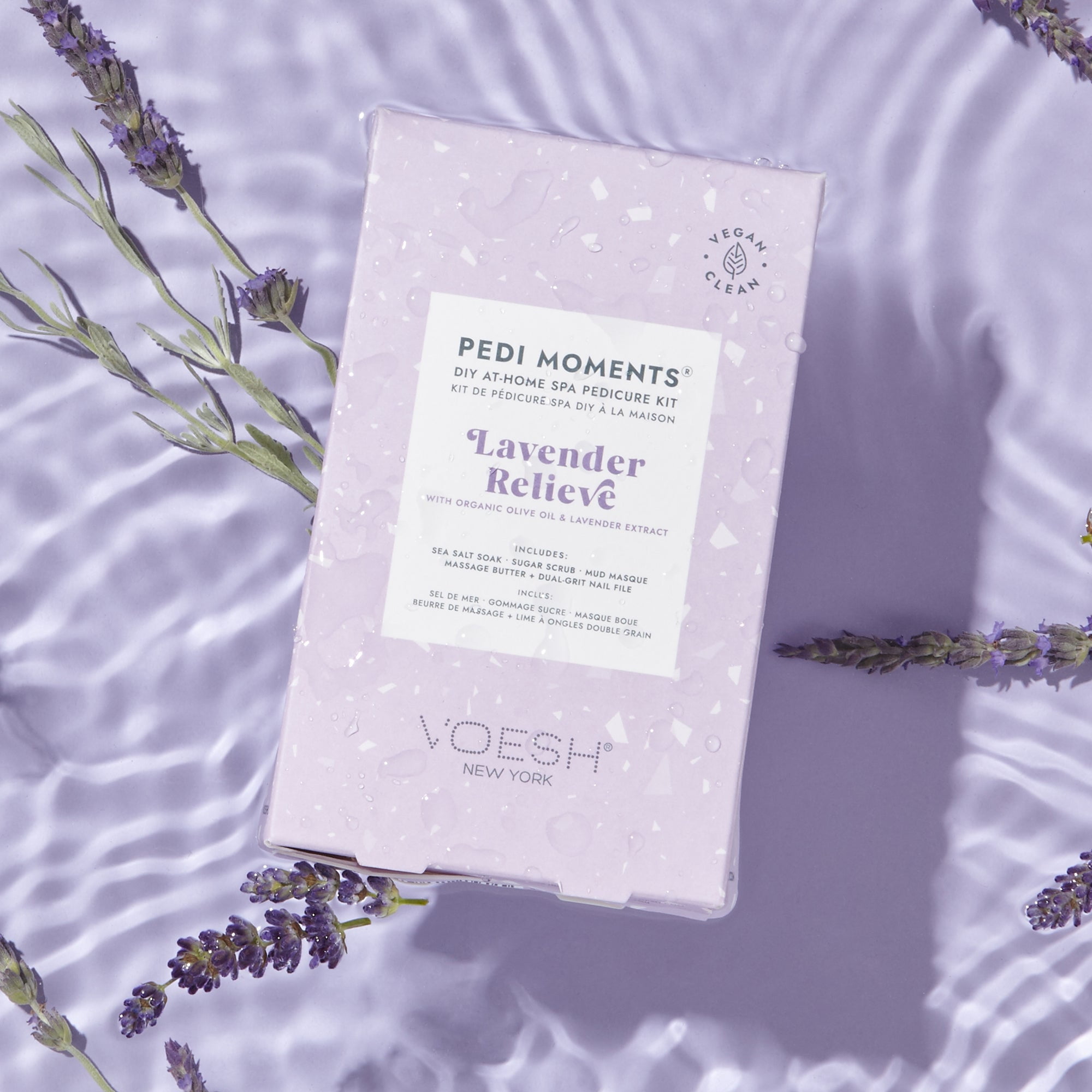 VOESH Pedi Moments 4 Step Pedicure Kit in Lavender Relieve:  Includes - Sea Salt Soak, Sugar Scrub, Mud Masque, Massage Butter and Dual Grit Nail File