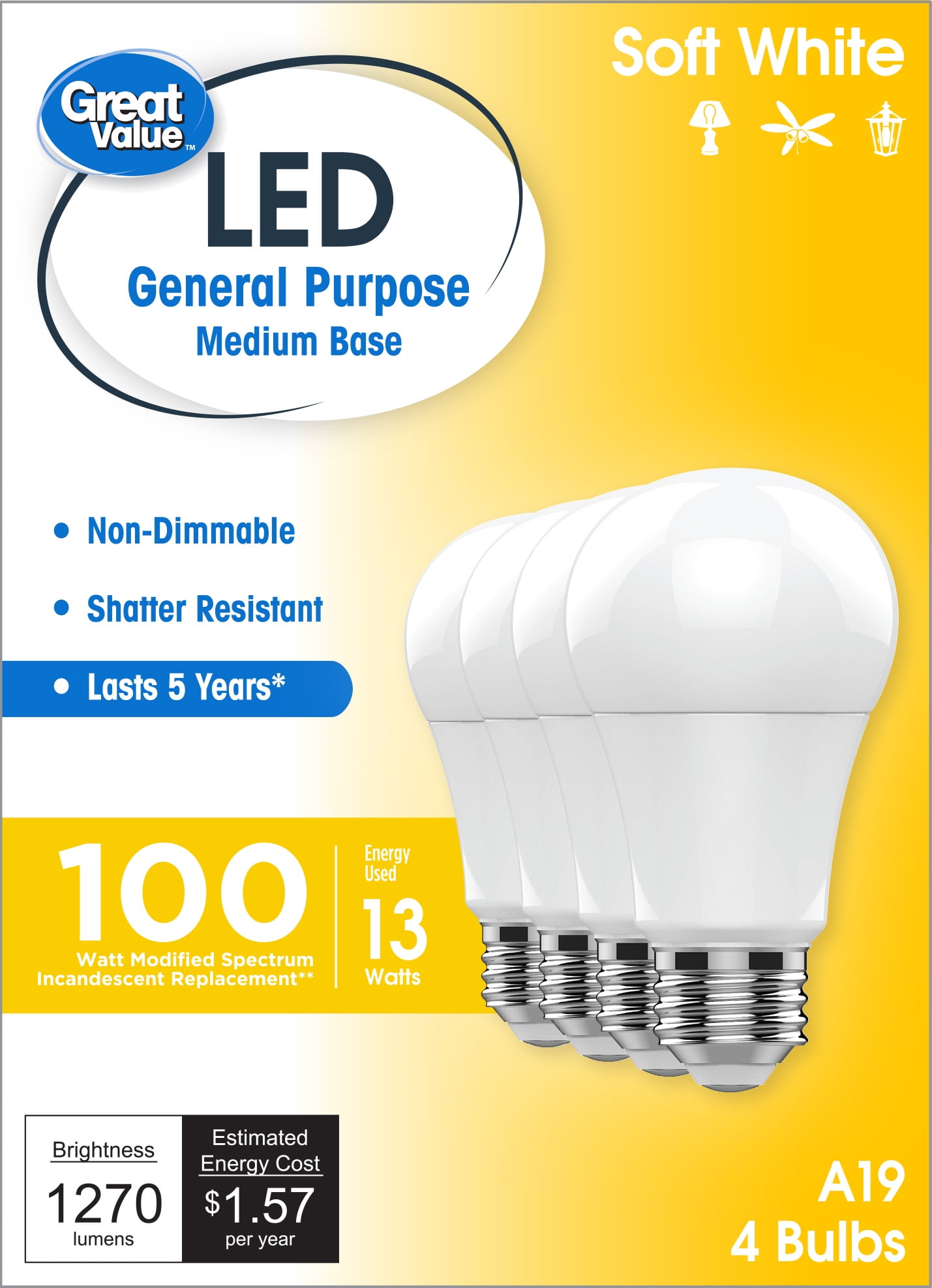 Great Value LED Light Bulbs, 100 Watts Eqv, Soft White, A19 General Purpose Light Bulbs, 5yr, 4pk