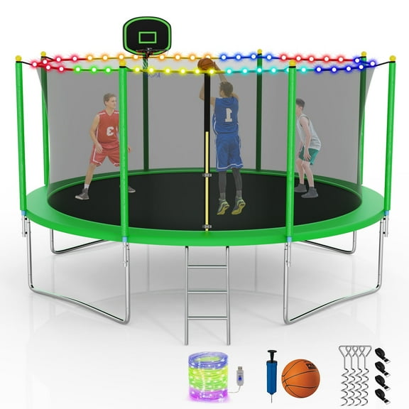 CITYLE 12FT Trampoline for Adults and Kids, No-Gap Design Heavy-Duty Outdoor Trampoline with Enclosure Net, Basketball Hoop, Lights, Wind Stakes, Christmas Birthday Gift