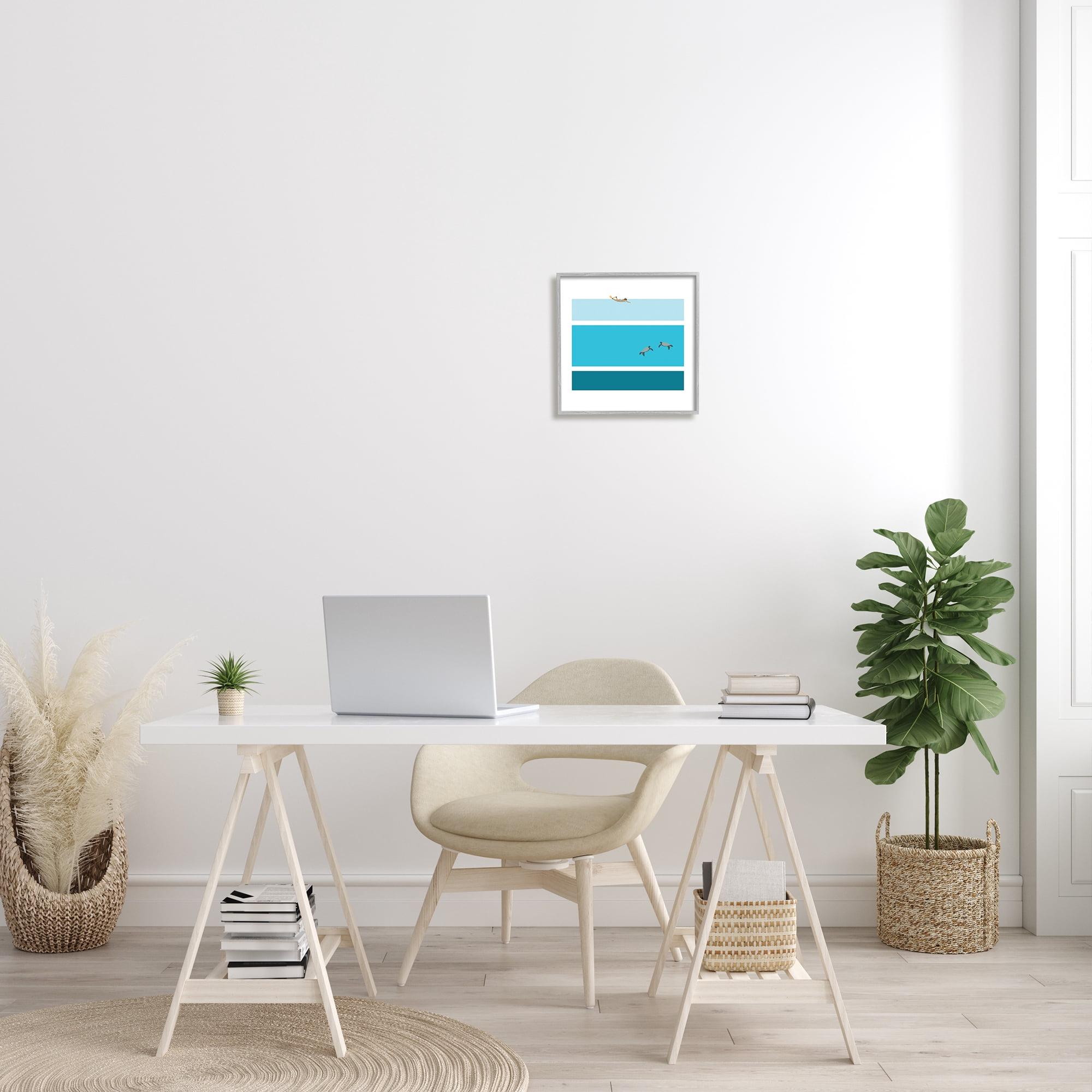 Stupell Industries Sea Turtles Under Scuba Diver Geometric Blue Stripes Coastal Painting Gray Framed Art Print Wall Art, 12 x 12, Design by Make Much Studios
