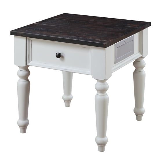 Wallace & Bay Maddox Dark Mocha & Antique White 24" 1-Drawer End Table W/Charging Station with One Drawer, Solid Plank Top, And Turned Legs
