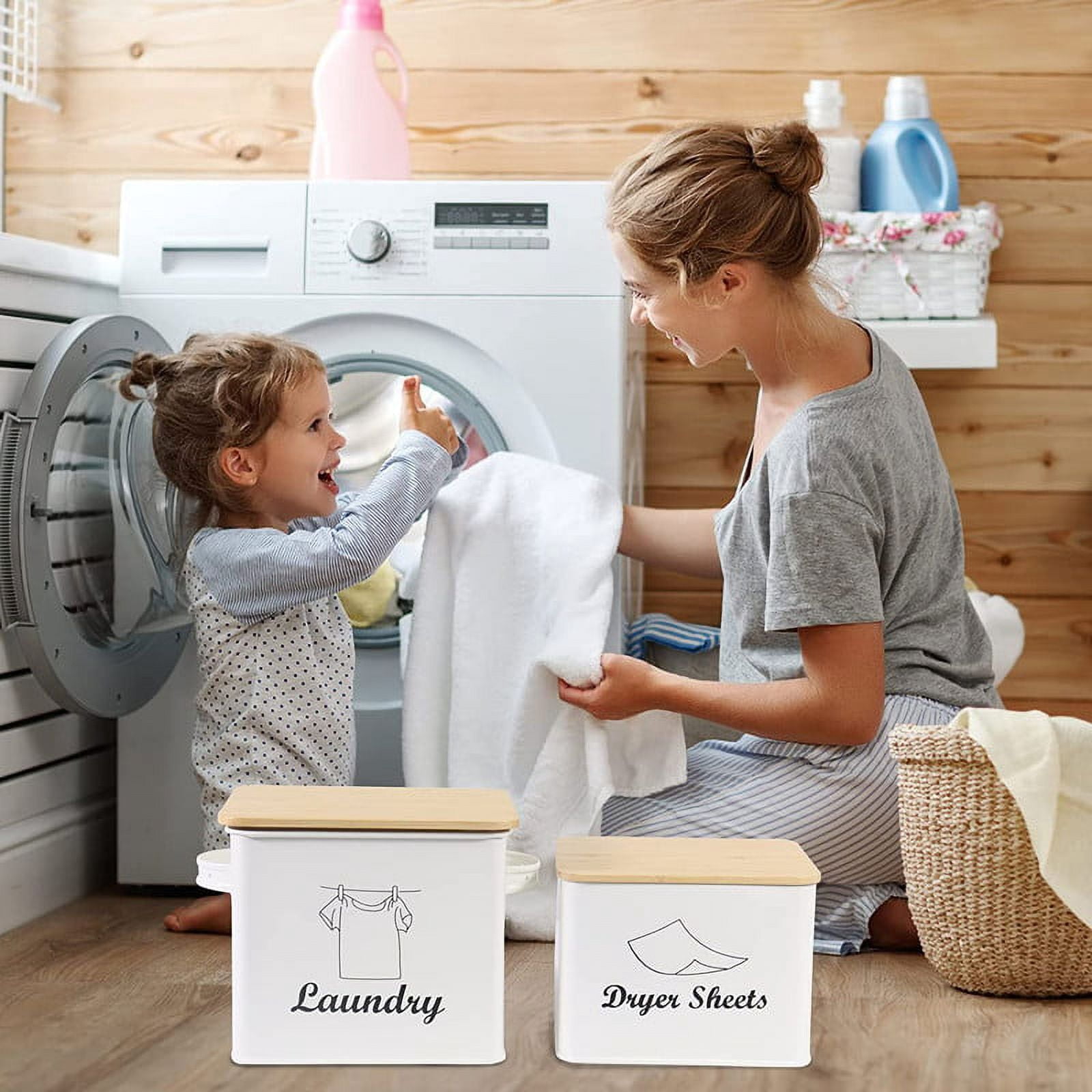 Pethiy Laundry Detergent Container for Powder, Beads, and Pods, Dryer Sheet Holder, White Laundry Canister for Bathroom Organizing and Storage