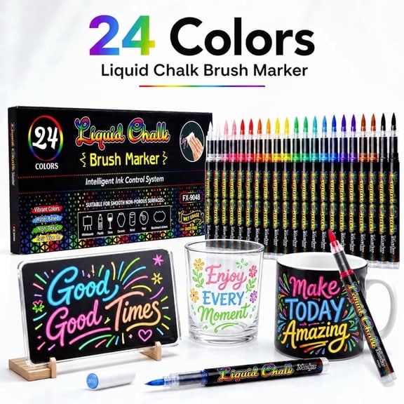 Cirayno 24 Colors Liquid Chalk Markers, Erasable Brush Markers Colored Wet Erase Markers Pens Set for Glass, Events, Blackboard, Drawing, Decor