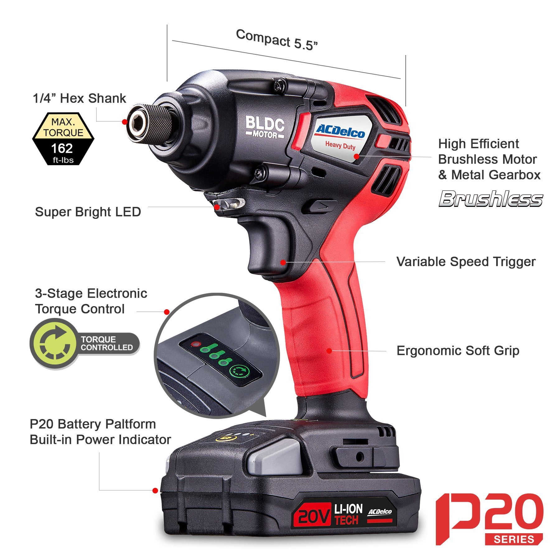 ACDelco, ARI20173-PM P20 Series 20V Cordless Li-ion 1/4” 162 ft-lbs. Heavy Duty Brushless Impact Driver Tool Kit