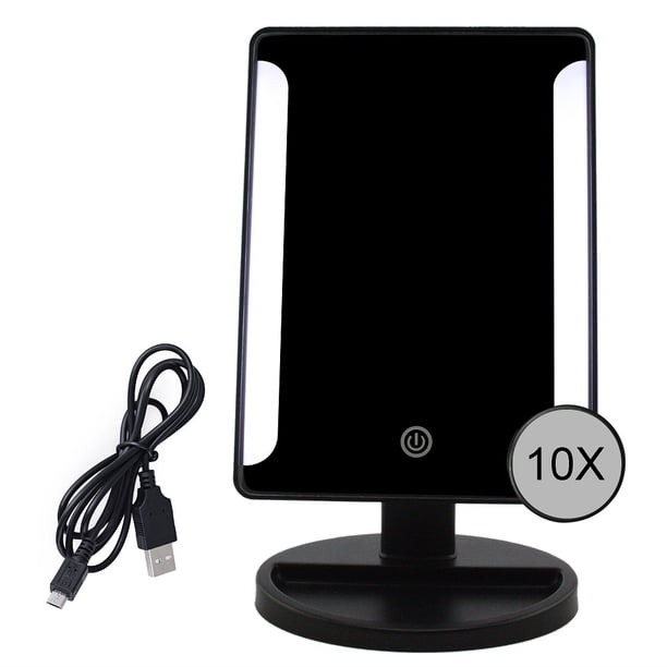 Espejo de maquillaje con luz LED negra y aumento de 10 aumentos, recargable por USB y batería, giratorio 180°, para maquillaje y afeitado.