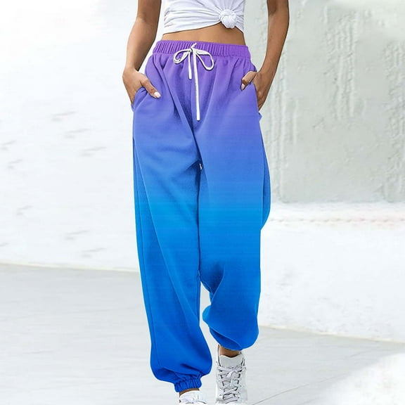 Womens Pants Color Blocked Printed Drawstring Casual Sweatpants Loose Pants,Pants for Women Plus Size Blue XL