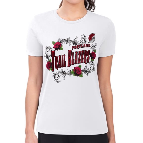 Women's G-III 4Her by Carl Banks White Portland Trail Blazers Super-Slim Fit Lightweight Roses Crew Neck T-Shirt