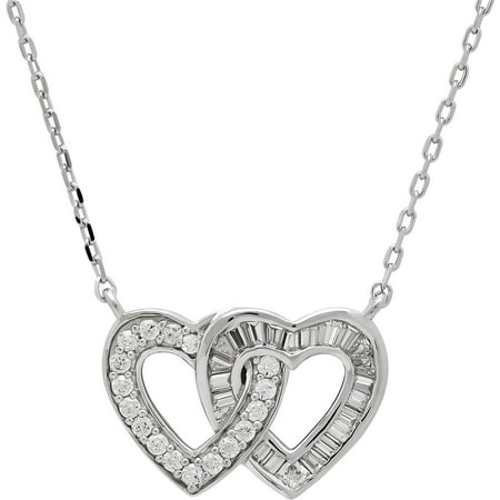 Sterling Silver Double Open Hearts with Round and Baguette Cubic Zirconia Necklace, 18