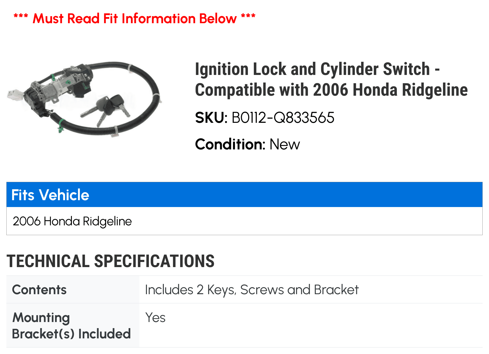 Ignition Lock and Cylinder Switch - Compatible with 2006 Honda Ridgeline