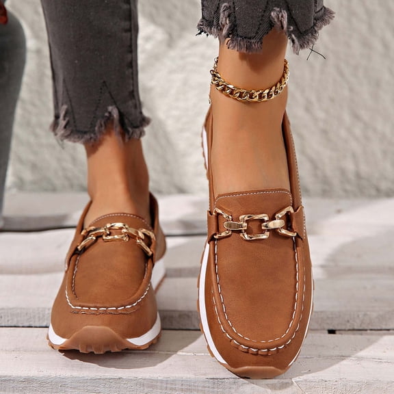 Gamivast Slip on Shoes Women Chain Decor Slip on Shoes Moc Toe Loafer Shoes Office Work Travel Walking Nursing Daily Casual Comfortable Footwear Brown 36