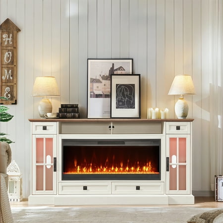 OKD TV Stand with Fireplace for 80 inch TVs, Farmhouse Entertainment Center with Storage, Antique White