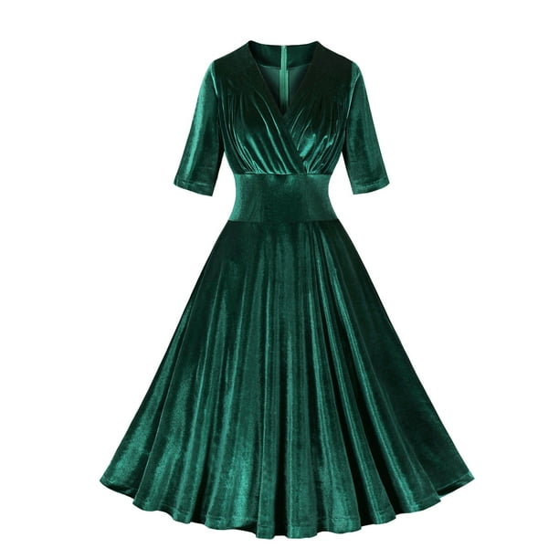 Puntoco Vestido De Manga Corta Con Cuello En V, Vestido Retro Hepburn Para Niña, Falda Completa Con Cuello En V Y Manga Corta, Verde L
