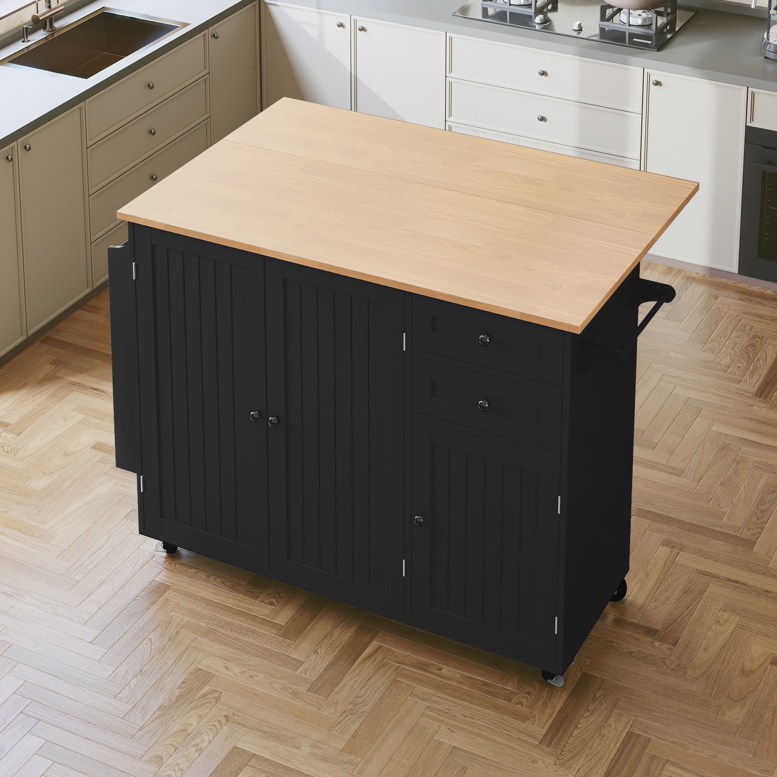 CBJCBJ 50.4" Kitchen Island with Storage, Wood Top Cart with Drop Leaf and Wheels, Black