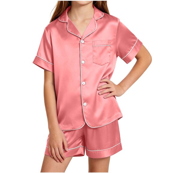 Dagugfen Sleepwear Suit Sets for Teens Short Sleeve Button down Shirts Collared Neck Elastic Waist Shorts Soft Homewear Comfy Outfits(16-17Years,Watermelon Red)