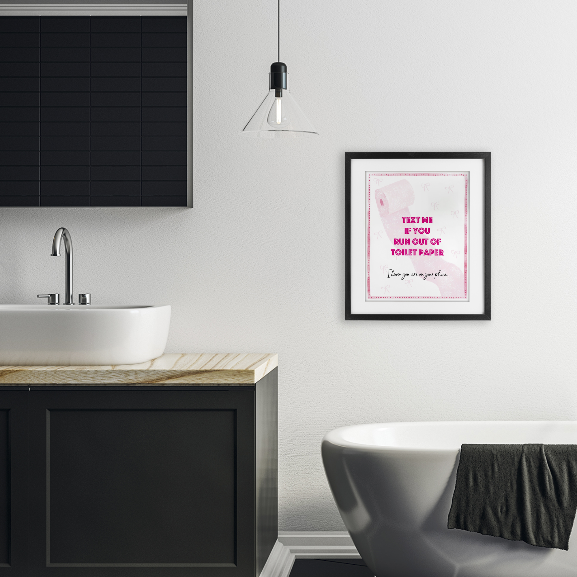 Pink Text for Toilet Paper Black Framed Print Under Glass, design by Ziwei Li
