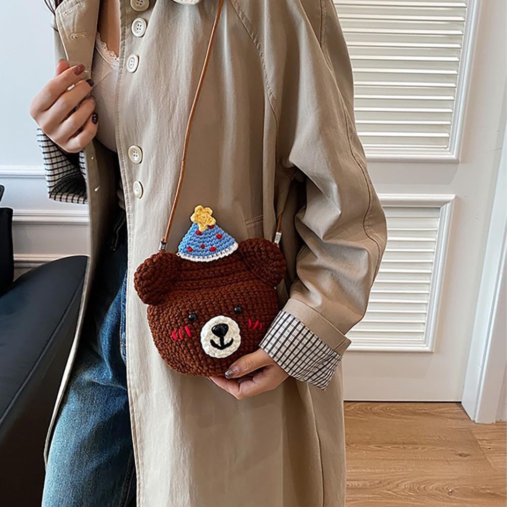 Baguery Handmade Crochet Party Hat Bear Crossbody Bag - Cute Knitted Animal Purse with Metal Frame, Mini Shoulder Bag for Women
