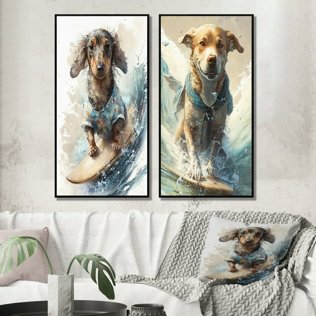 Designart "Dog Riding the Waves Like a Pro I" Dog Framed Wall Art Set Of 2 - Brown Animals Frame Gallery Set For Office Decor
