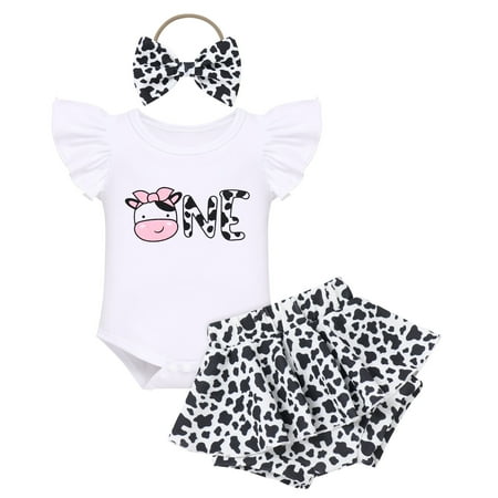 

IBTOM CASTLE Baby Girls 1st Birthday Outfit Sunflower Peach Romper + Ruffled Short Pants + Headband Summer Clothes Set 3-Piece 6-12 Months Cow