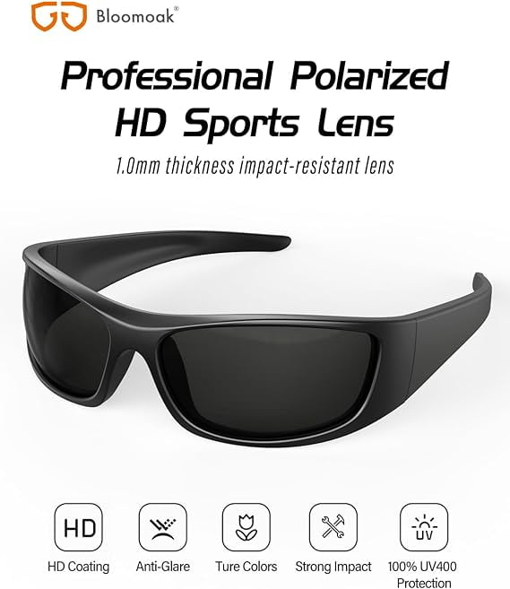 Bloomoak Polarized Sunglasses for Sensitive Eyes, Wrap Around, Super Black CAT 4