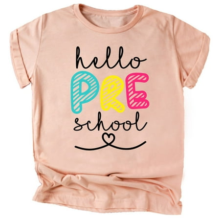 

Olive Loves Apple Preschool Hello First Day of School Gift Back to School Peach Shirt 3T