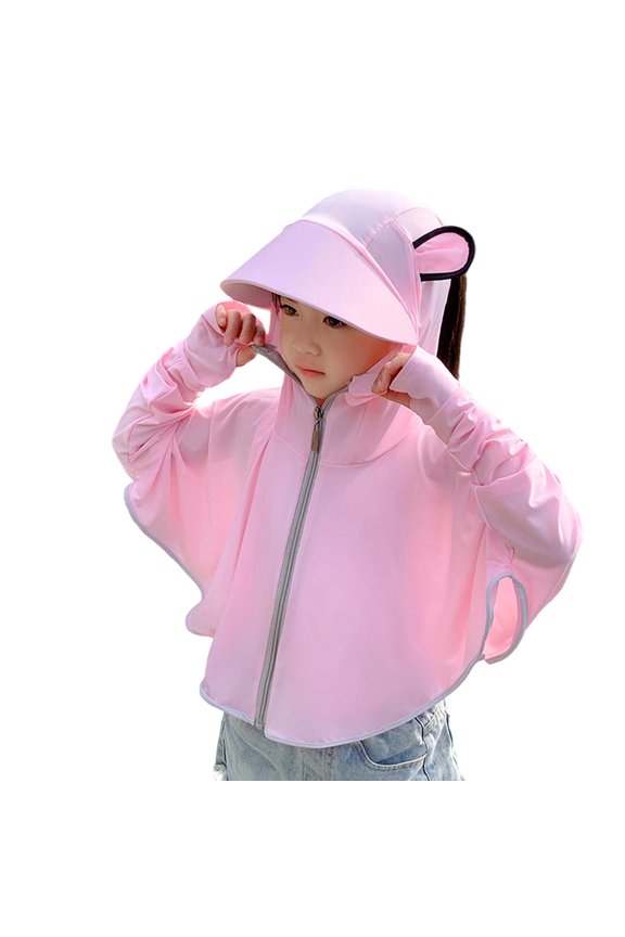 Kids UPF50+ Sun Protection Jacket with Cute Ear Decor, Full Face Hooded Thin Breathable Loose Sun Coat Boys Girls Anti Outdoor Sun Shirt Pink 12-14 Years