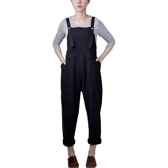 Mode Femmes Baggy Lin en Vrac Salopette Surdimensionné Casual Manches Courtes avec Poches Noir Petit