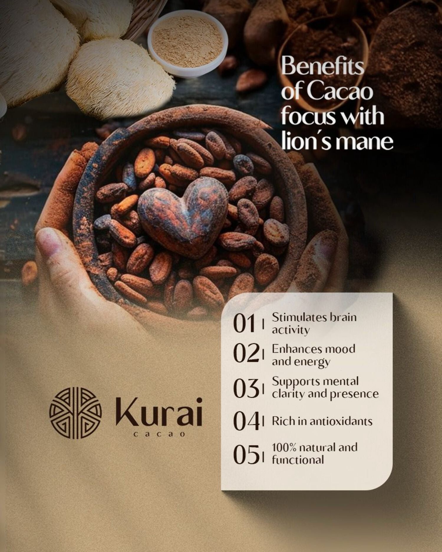 Kurai Cacao Focus | Ceremonial Cacao with Lion's Mane, Maca  L-Theanine | Daily Focus Ritual