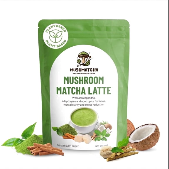 MushMatcha Mushroom Matcha Latte Dairy-Free Vegan Adaptogenic Naturally Caffeinated 1 Count 3.5oz (100g)