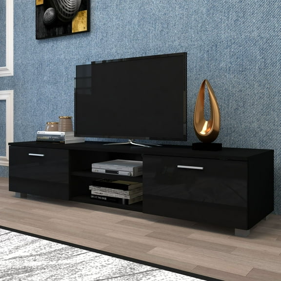 SYNGAR Modern TV Stand, Home Media Console Table, Wood TV Cabinet W/ 2-Tier Shelves & Double Door with Storage, Entertainment Center Stand for TVs up to 70 inch, for Bedroom Living Room, Black, D4658