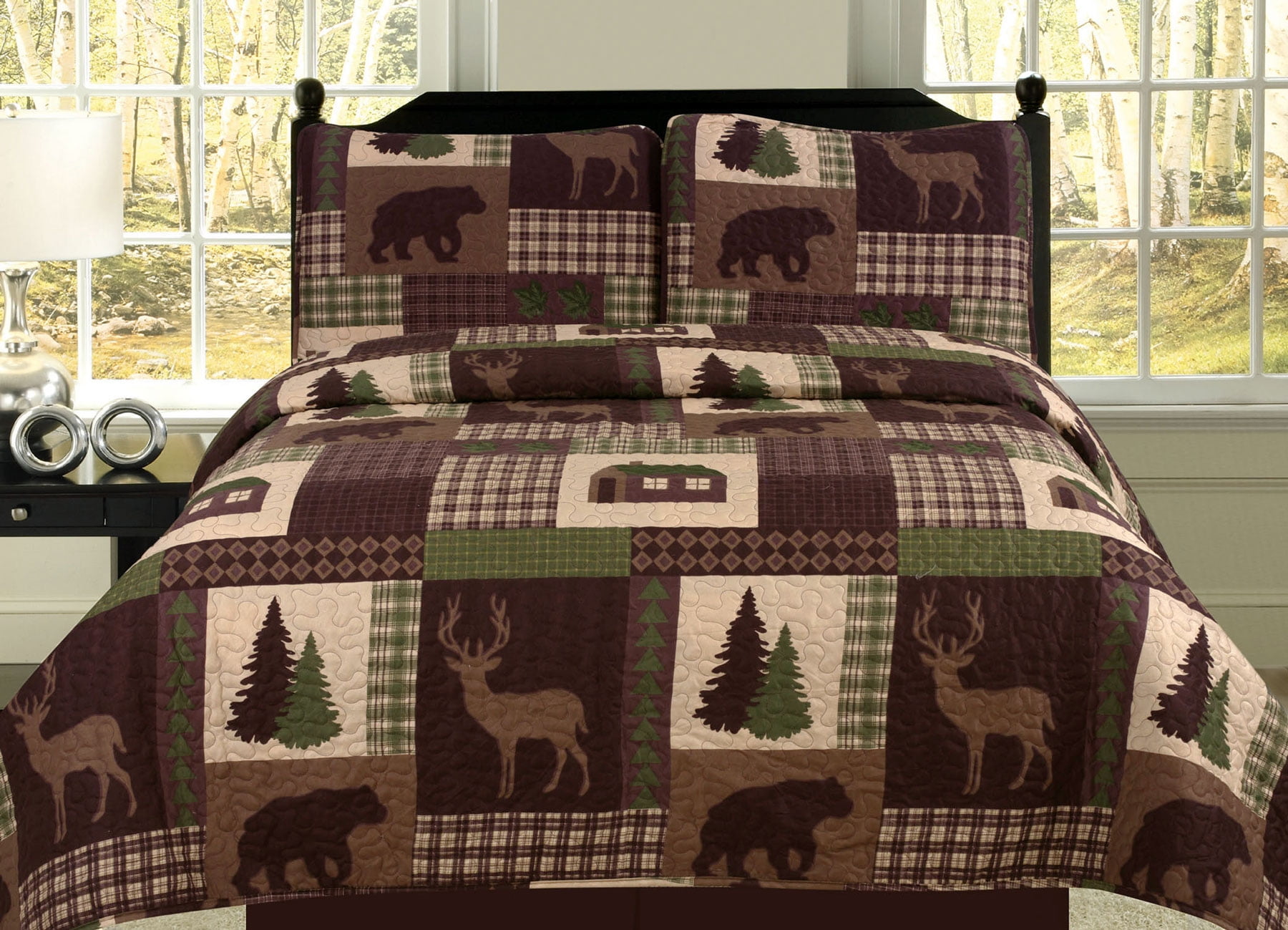 Lodge Collage Comforter Pillow Sham Set Bear Rustic Wood Log Cabin King 