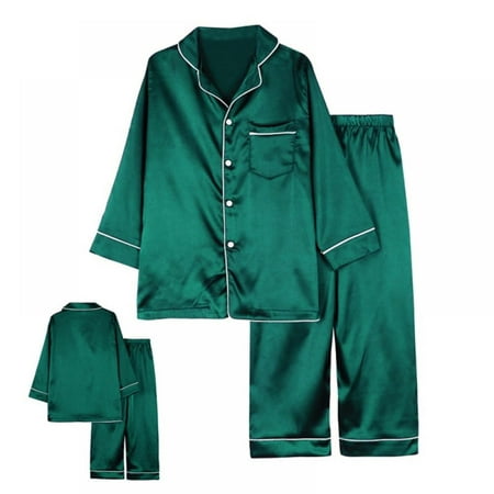 

Promotion!Toddler Kids Boy Girl Silk Satin Pajamas Loungewear Two-piece Sleepwear Button-Down Pj Set