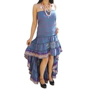 Mogul Womens Ruffle Flare Hi Low Dress Recycled Silk Strapless Fishtail Swirling Summer Spring Fashion Sundress