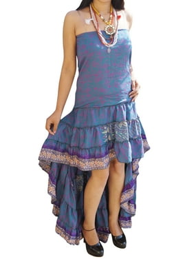 Mogul Womens Ruffle Flare Hi Low Dress Recycled Silk Strapless Fishtail Swirling Summer Spring Fashion Sundress