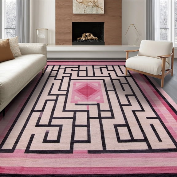 ODIKA 8'x10' Washable Area Rug Non-Slip Chair-Friendly Mat Geometric Modern Abstract Maze With Interlocking Diamond Grid Motif for Dining Room, Large Office, Lounge