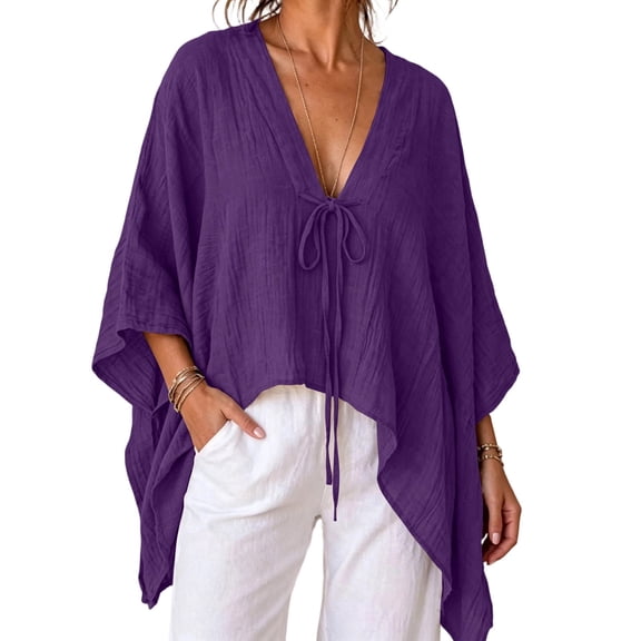 Cmfcve Cotton Linen Shrugs for Women Summer Cover Ups Shirts Loose Fit Casual Beach Vacation Lightweight Cardigans Tops with Tie