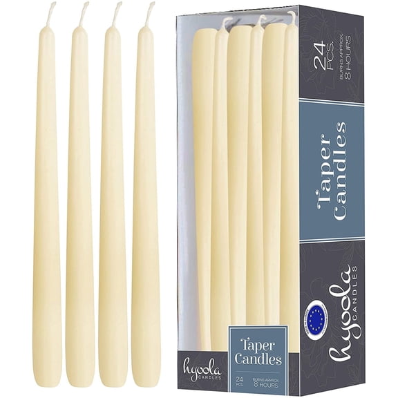 Hyoola 10" Wool White Dripless European Made Taper Candles, Unscented Paraffin Wax with Cotton Wicks, 24-Pack